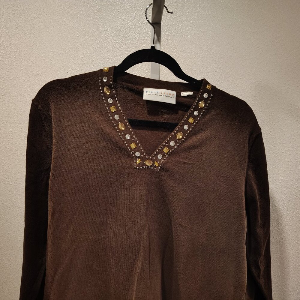 First Issue Women's V-Neck 3/4 Sleeve Top Embellished with Jewels Brown - Picture 3 of 10